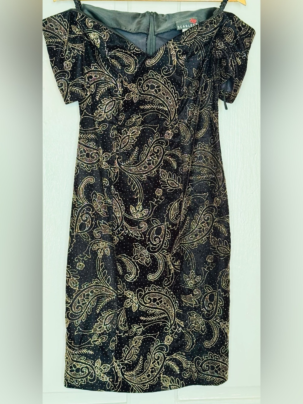 Vintage Scarlett Nite Black and Gold Paisley Off-Shoulder Cocktail Dress